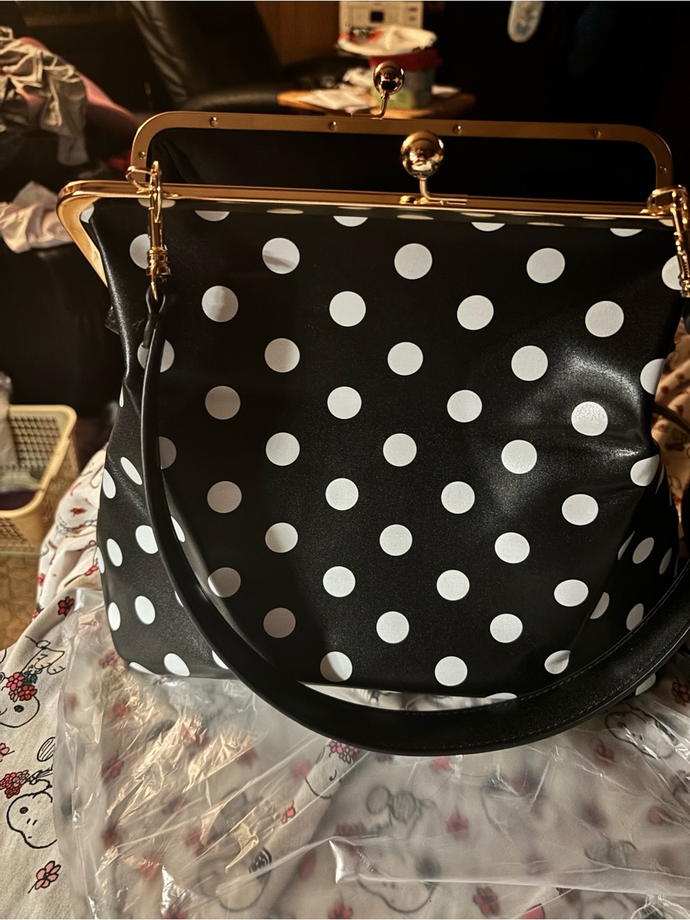 Black and White Polka Dot Shoulder Bag with Gold Frame